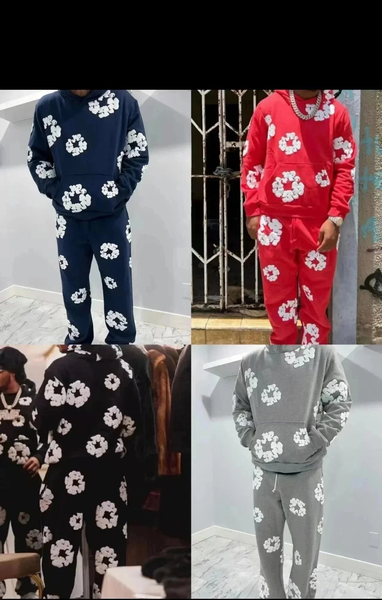 New Men's Hoodie Set 2 PC Sweatshirt Pants Hip Hop Streetwear Floral Wreath