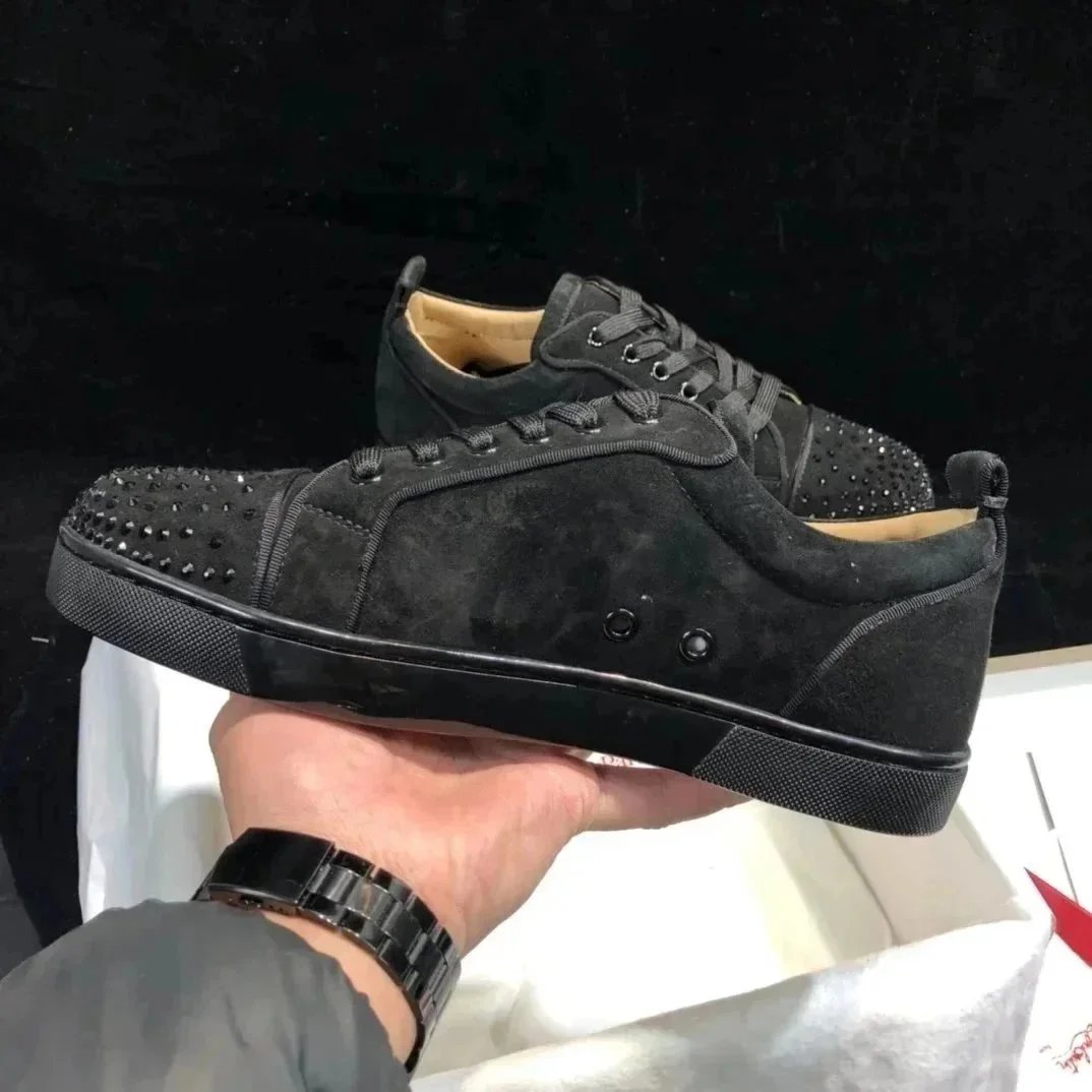Christian Louboutin Black Suede Louis Junior Spikes Low-Top Sneakers