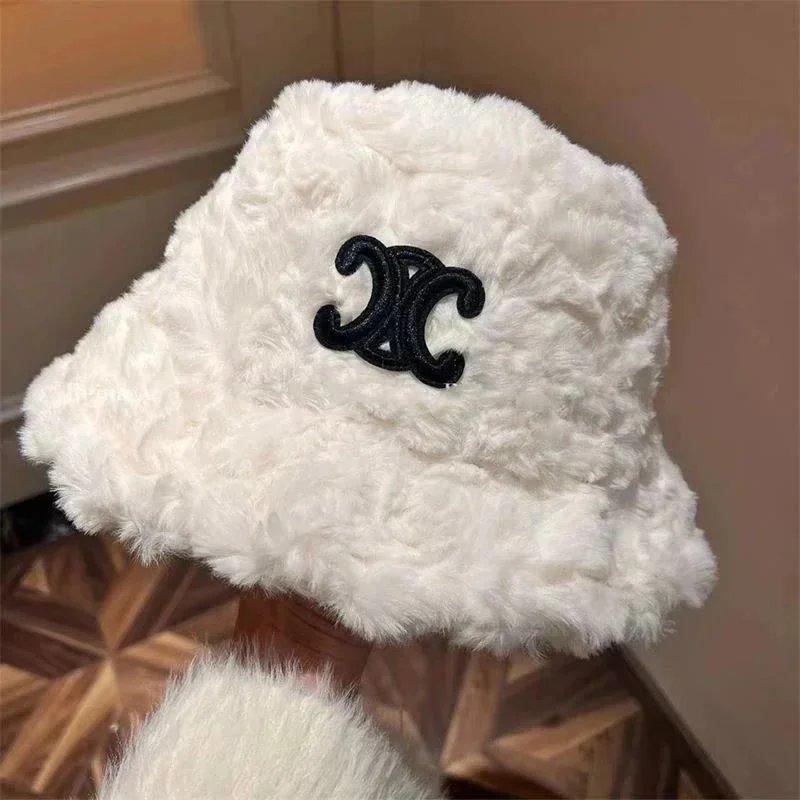White Faux Fur Bucket Hat with CC Logo
