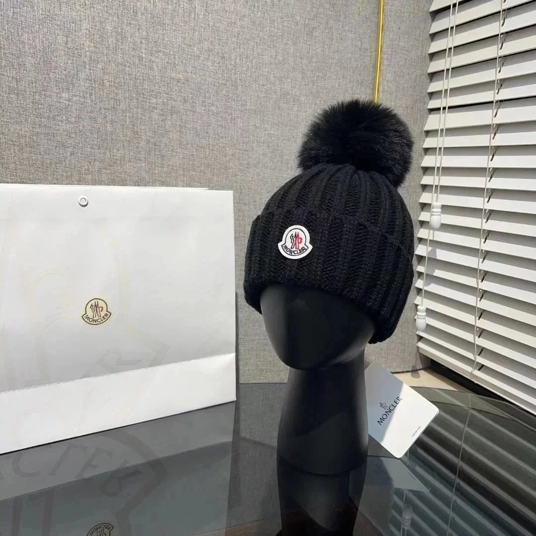 Moncler Black Knit Beanie with Pom-Pom