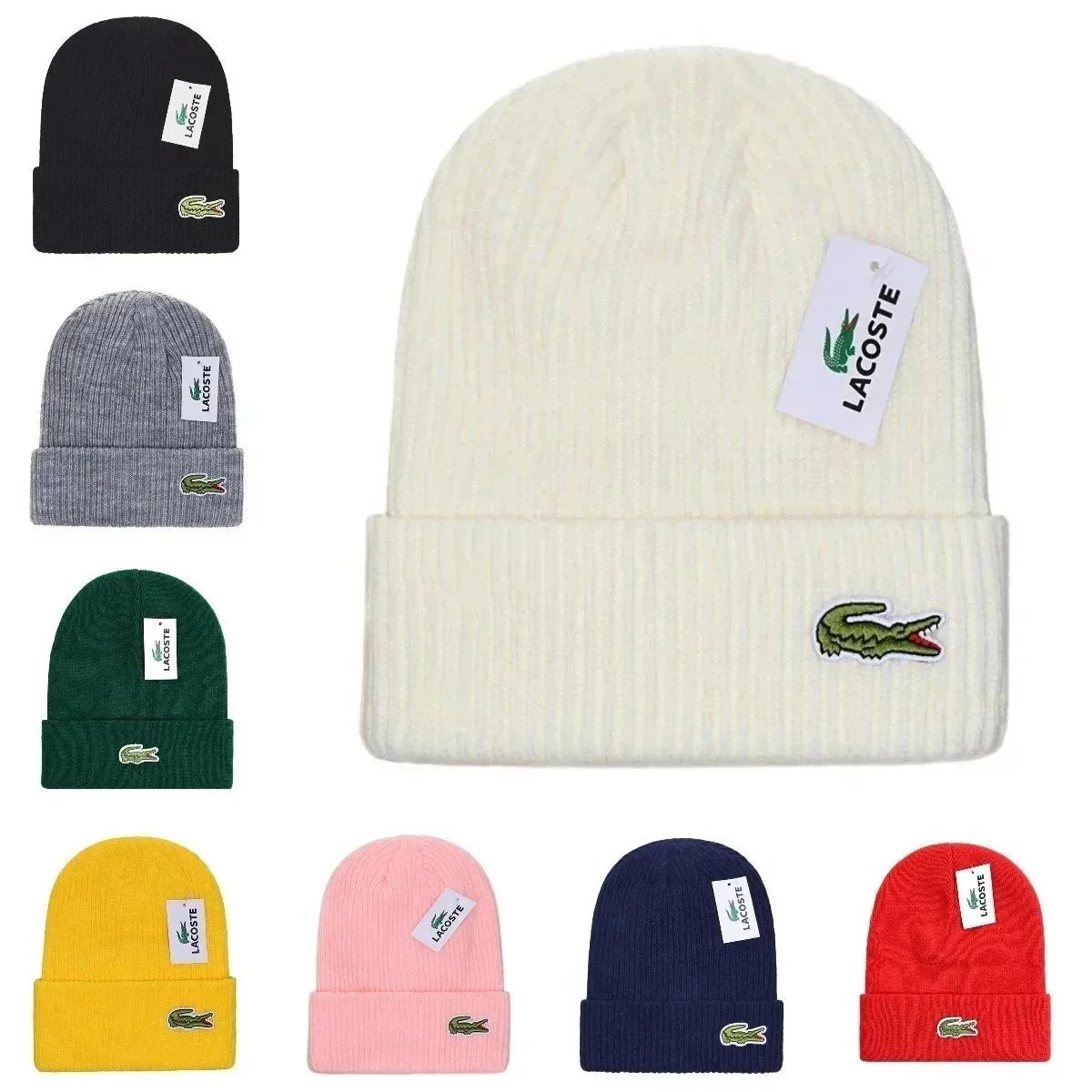 LACOSTE Knit Beanie Hat with Crocodile Logo - Winter Warm Headwear
