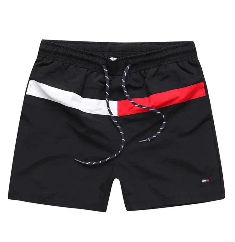 Men's Black Swim Shorts with Red and White Stripe