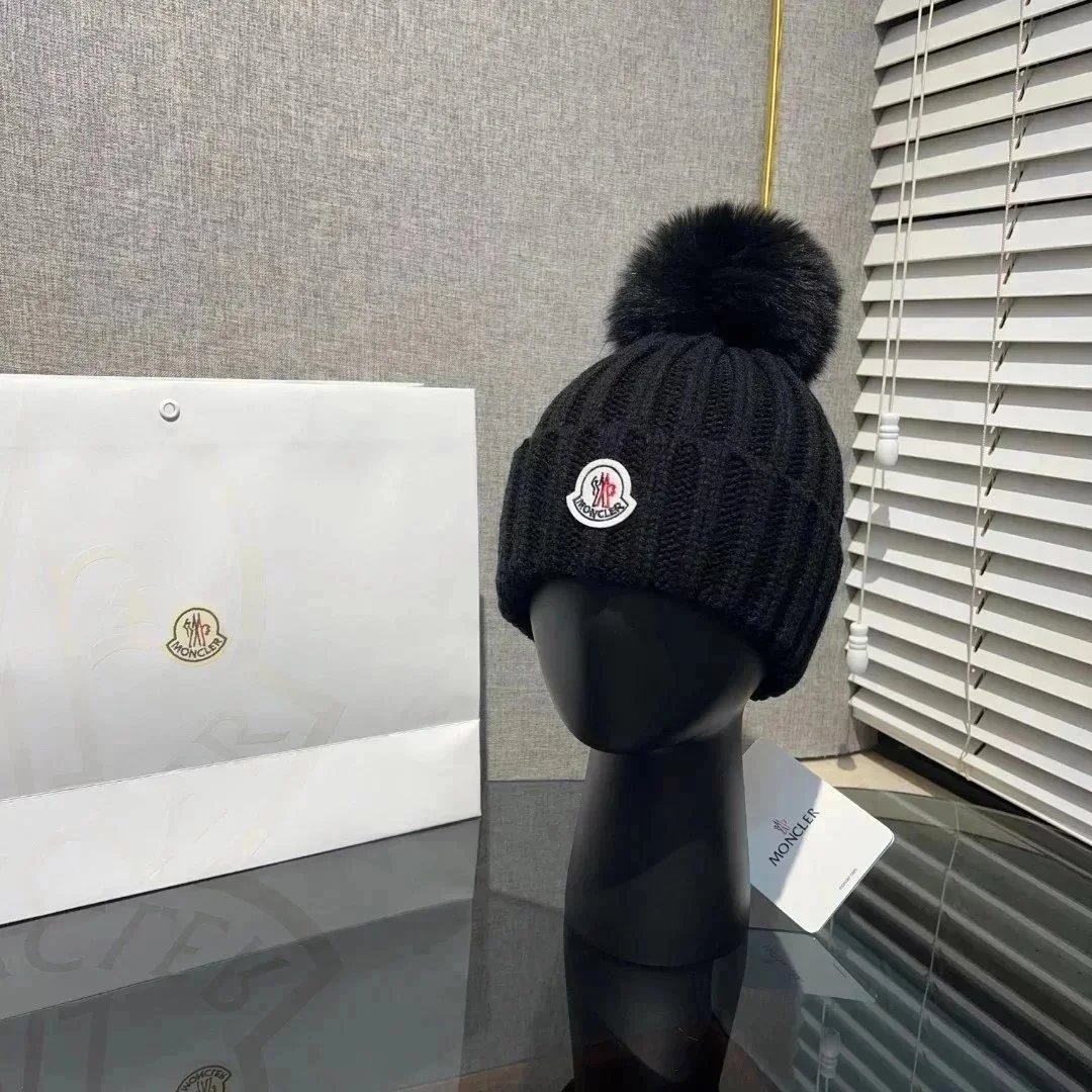 Moncler Black Knit Beanie with Fur Pom-Pom