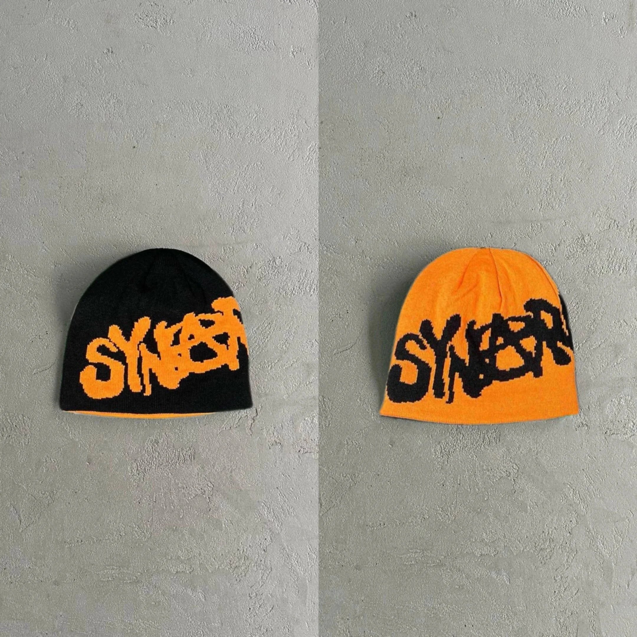 SYNER Knit Beanie Hat in Black and Orange