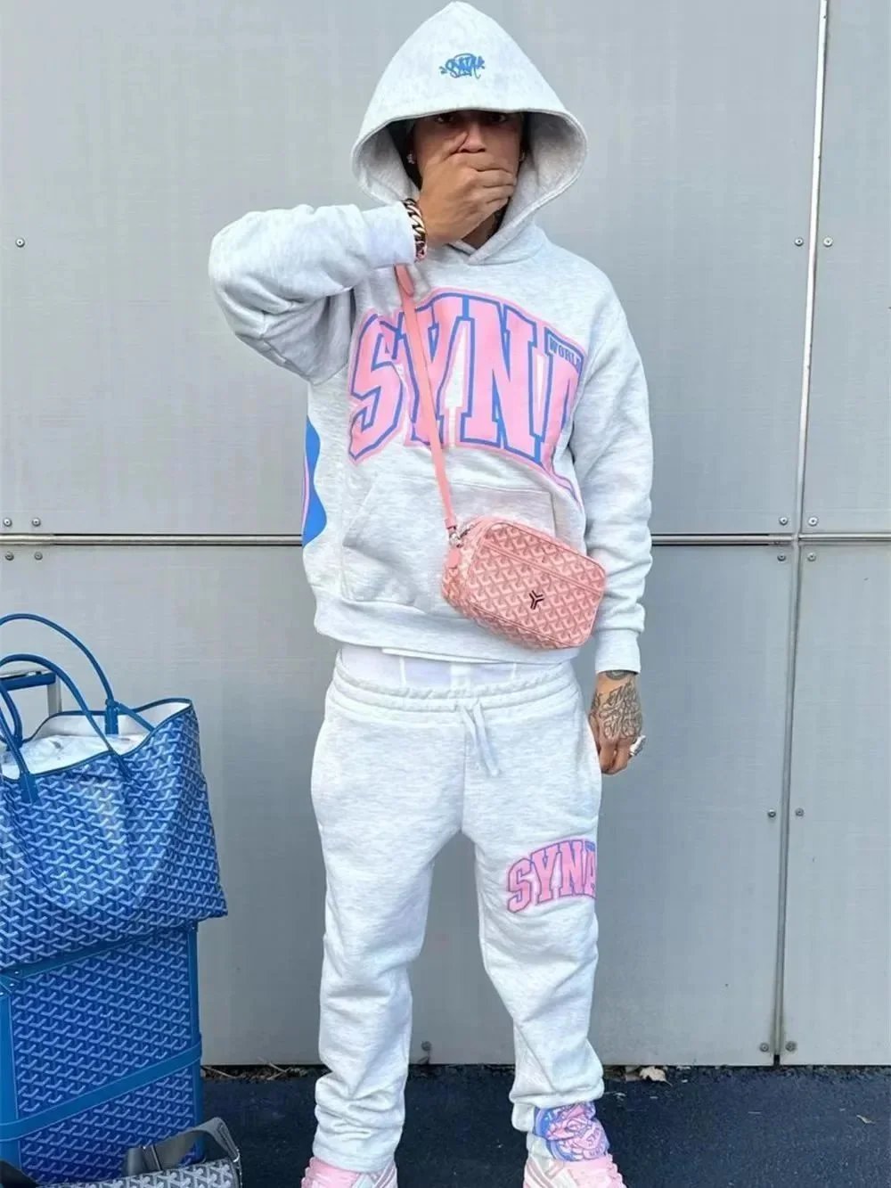 SYN World Hoodie & Sweatpants Set Gray Pink Logo Streetwear
