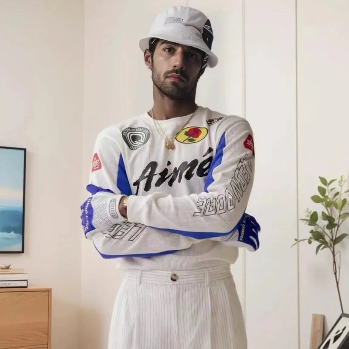 Aimé Leon Dore White Blue Long Sleeve Sweater with Logo Patches