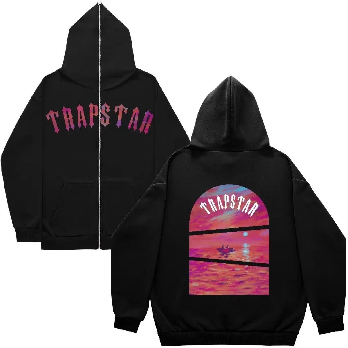 Trapstar Black Zip-Up Hoodie with Sunset Boat Design