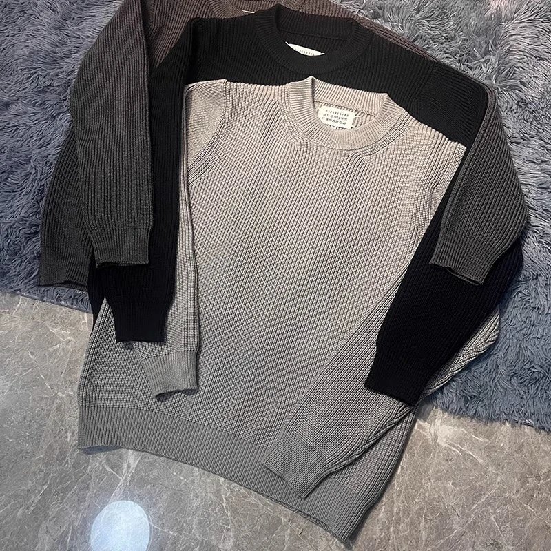 Men's Ribbed Knit Sweater in Beige and Black