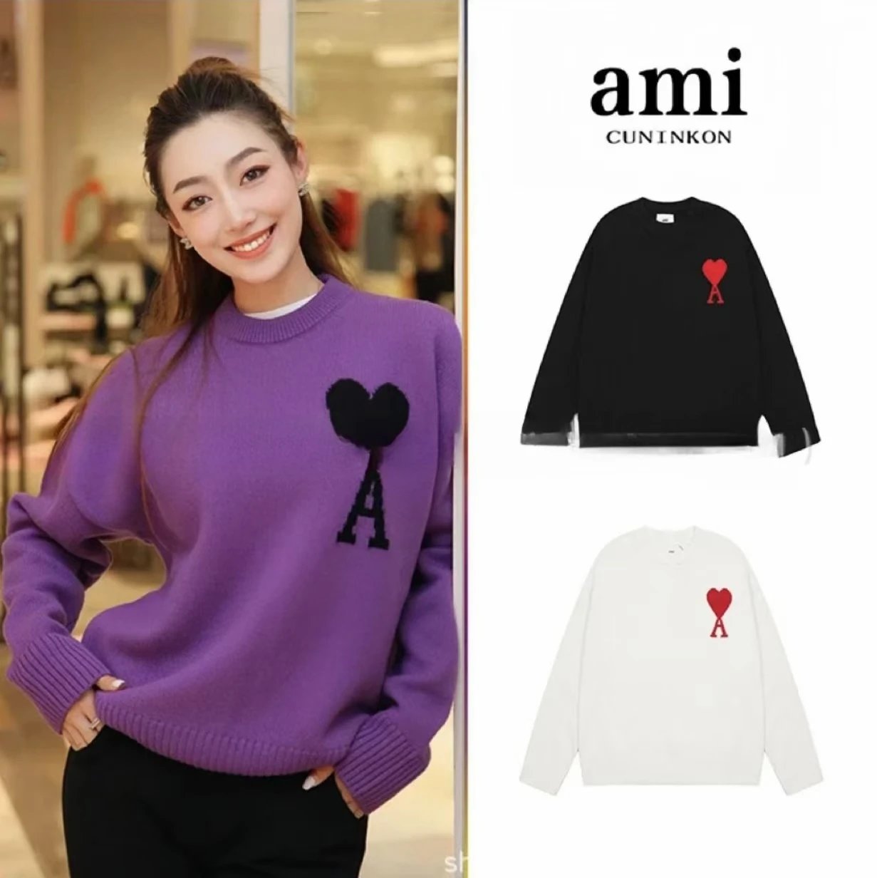 Ami Heart A Logo Knit Sweater Women's Fashion Pullover