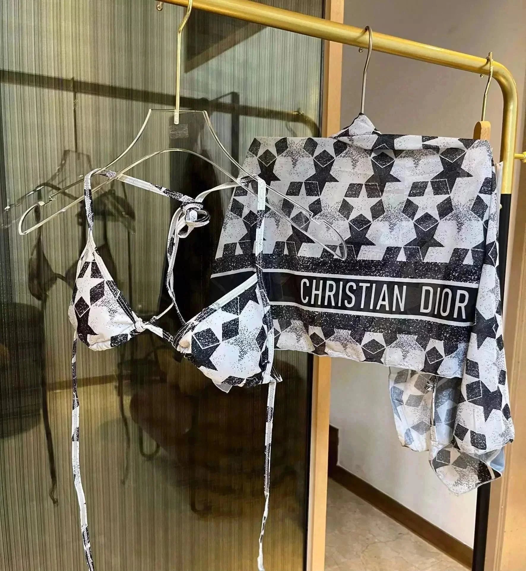 Christian Dior Black and White Geometric Print Bikini Set