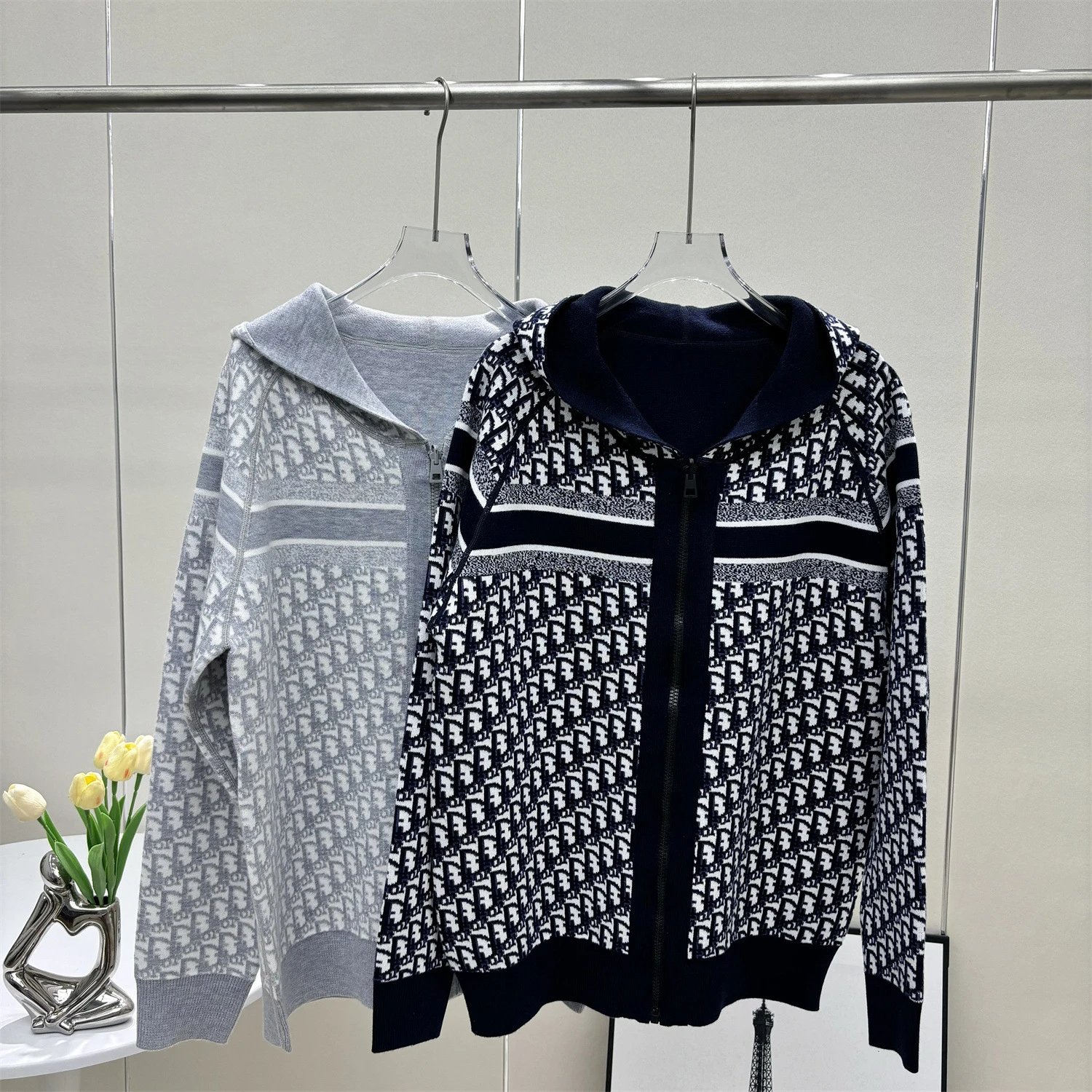 Dior Monogram Knit Zip-Up Hoodie Sweater